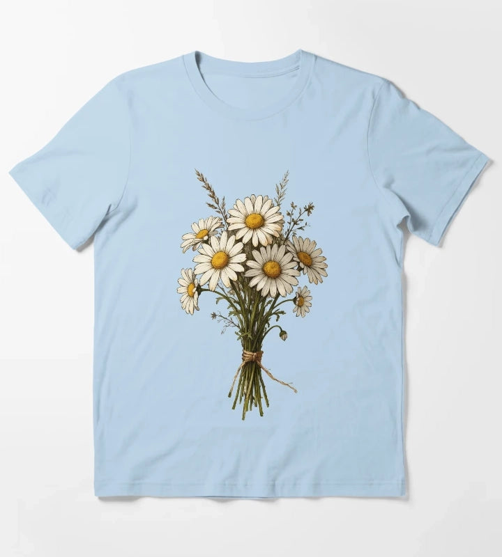 Vintage Daisy Bouquet Illustration Botanical Wildflower Art T-Shirt Sky Blue