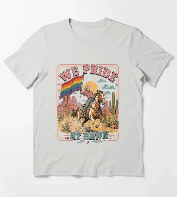 Vintage Rainbow We Pride At Dawn Western Cowgirl LGBTQ Retro T-Shirt Light Grey