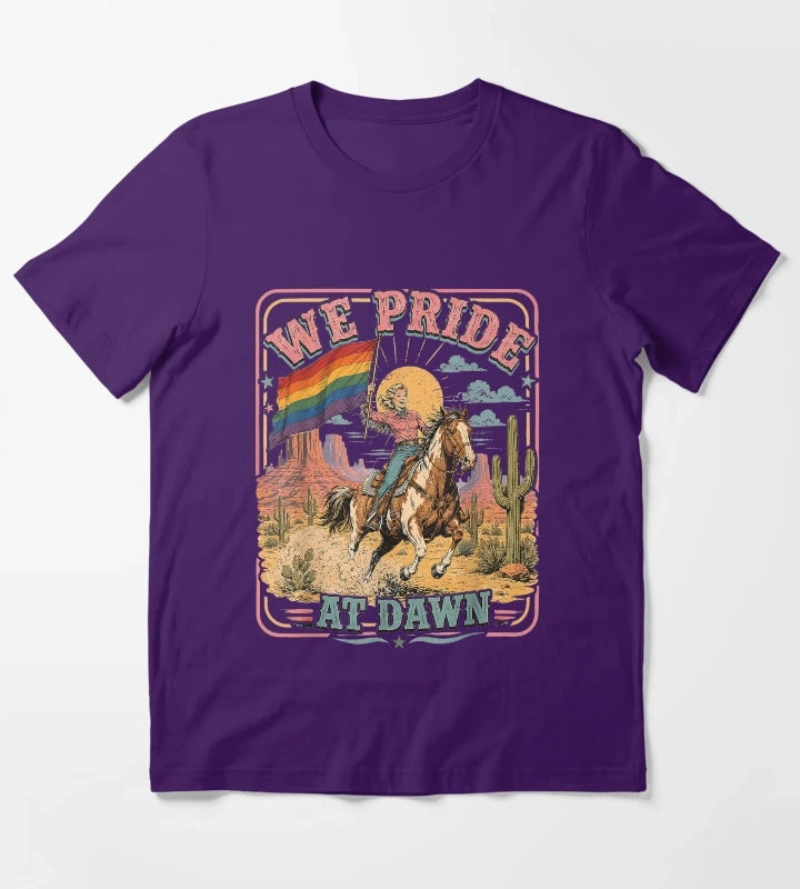 Vintage Rainbow We Pride At Dawn Western Cowgirl LGBTQ Retro T-Shirt Purple
