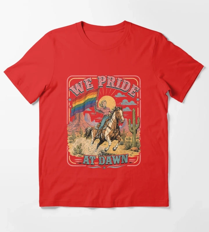 Vintage Rainbow We Pride At Dawn Western Cowgirl LGBTQ Retro T-Shirt Red
