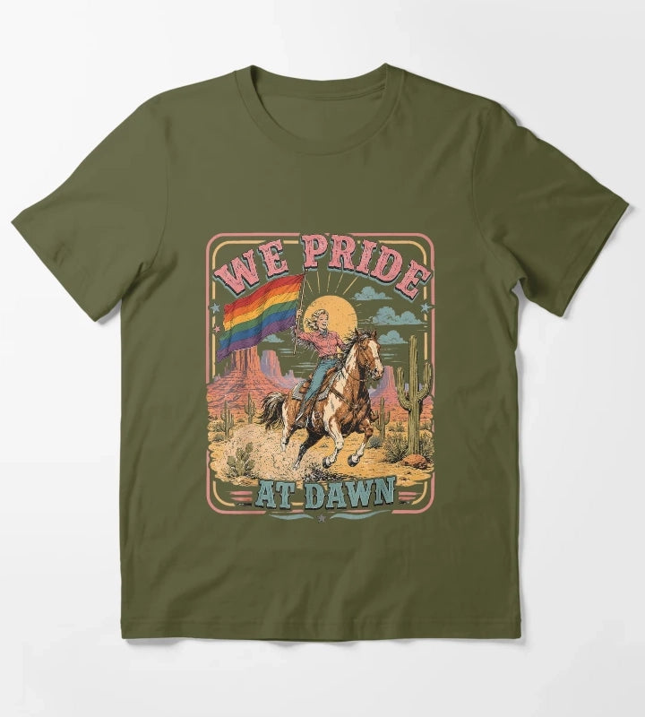 Vintage Rainbow We Pride At Dawn Western Cowgirl LGBTQ Retro T-Shirt Olive Green