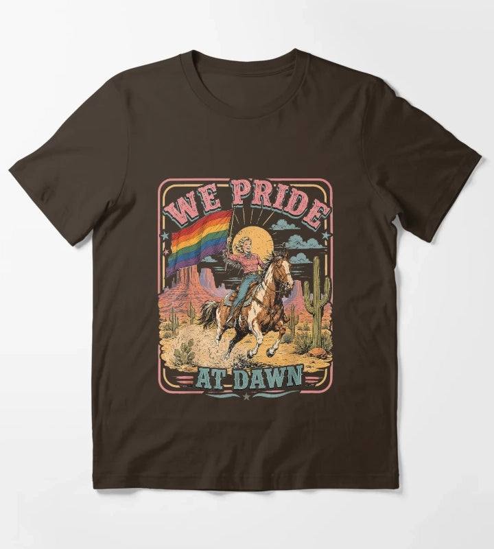 Vintage Rainbow We Pride At Dawn Western Cowgirl LGBTQ Retro T-Shirt Brown