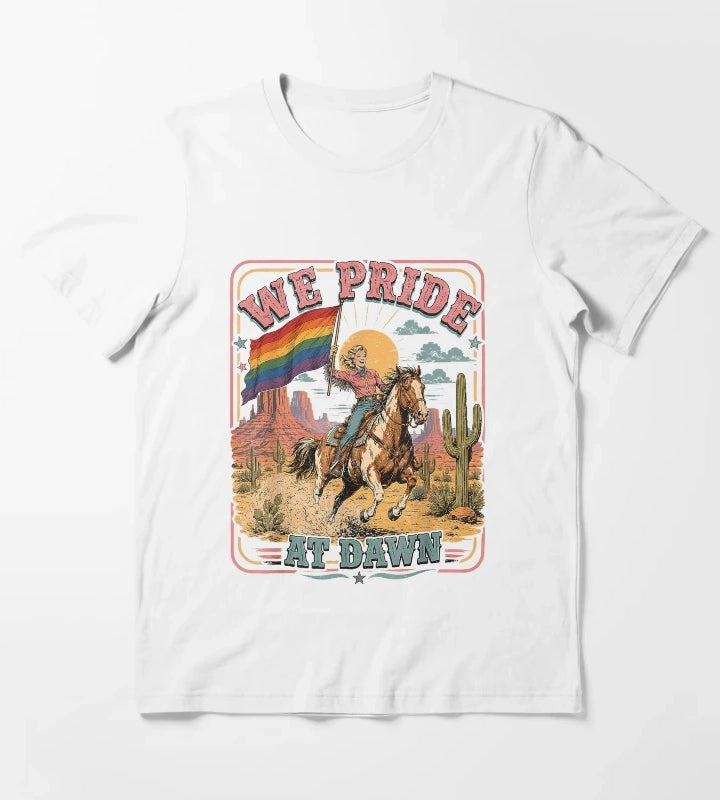 Vintage Rainbow We Pride At Dawn Western Cowgirl LGBTQ Retro T-Shirt White