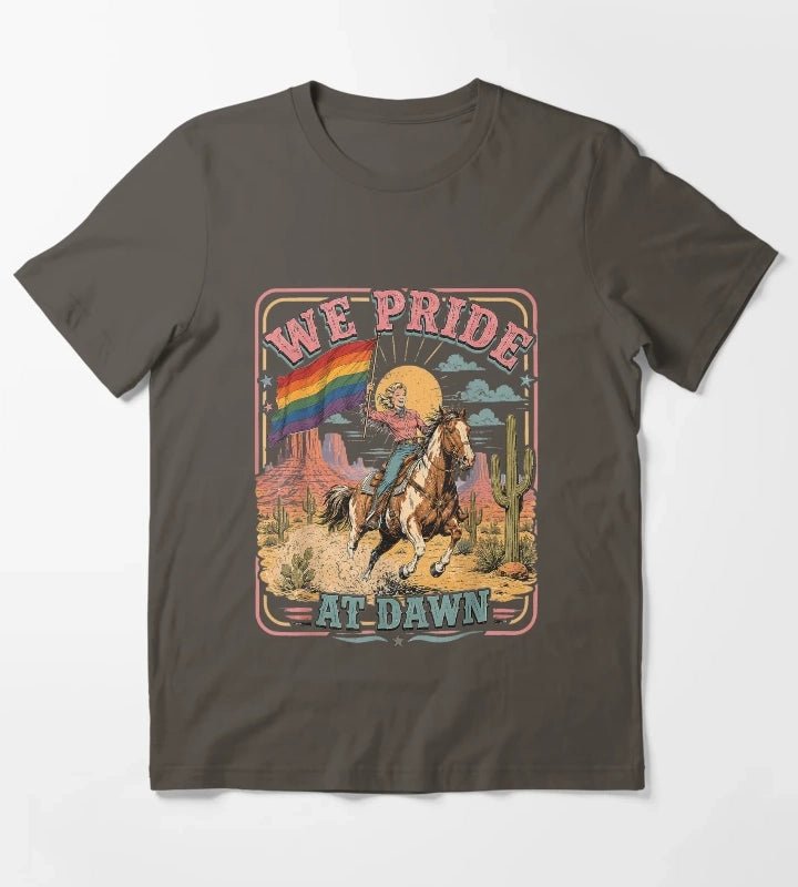 Vintage Rainbow We Pride At Dawn Western Cowgirl LGBTQ Retro T-Shirt Dark Grey