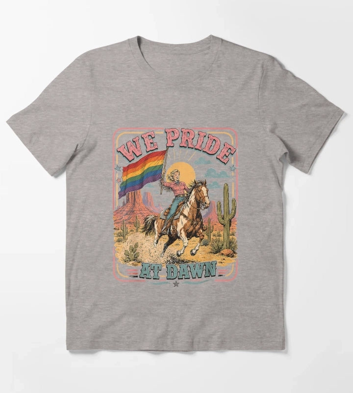 Vintage Rainbow We Pride At Dawn Western Cowgirl LGBTQ Retro T-Shirt Heather Grey