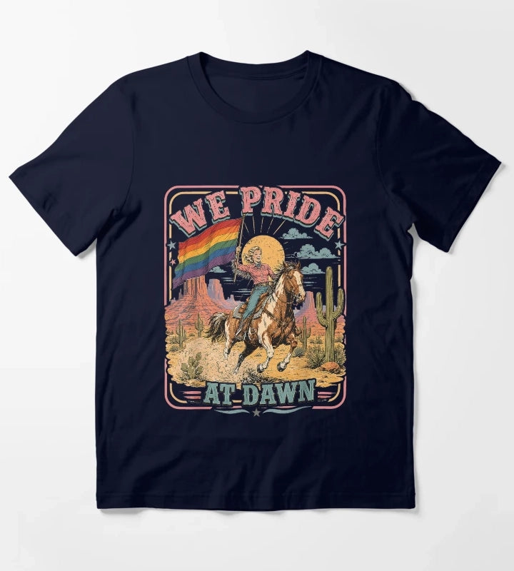Vintage Rainbow We Pride At Dawn Western Cowgirl LGBTQ Retro T-Shirt Navy