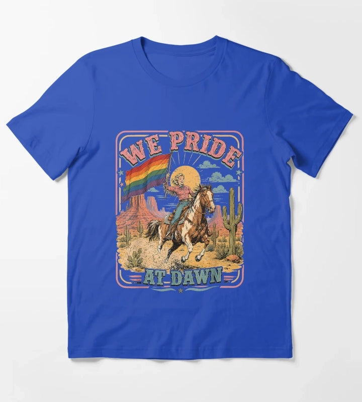 Vintage Rainbow We Pride At Dawn Western Cowgirl LGBTQ Retro T-Shirt Blue