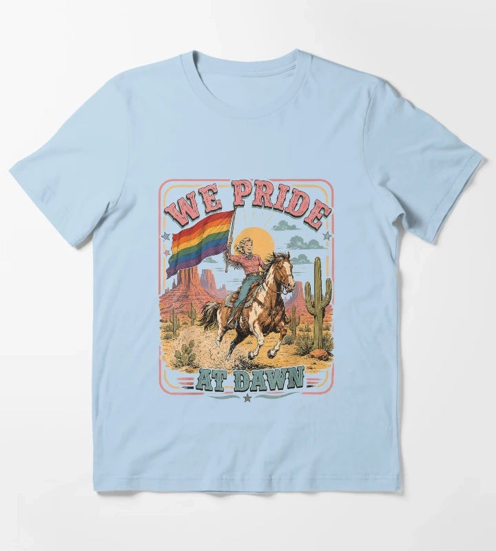 Vintage Rainbow We Pride At Dawn Western Cowgirl LGBTQ Retro T-Shirt Sky Blue