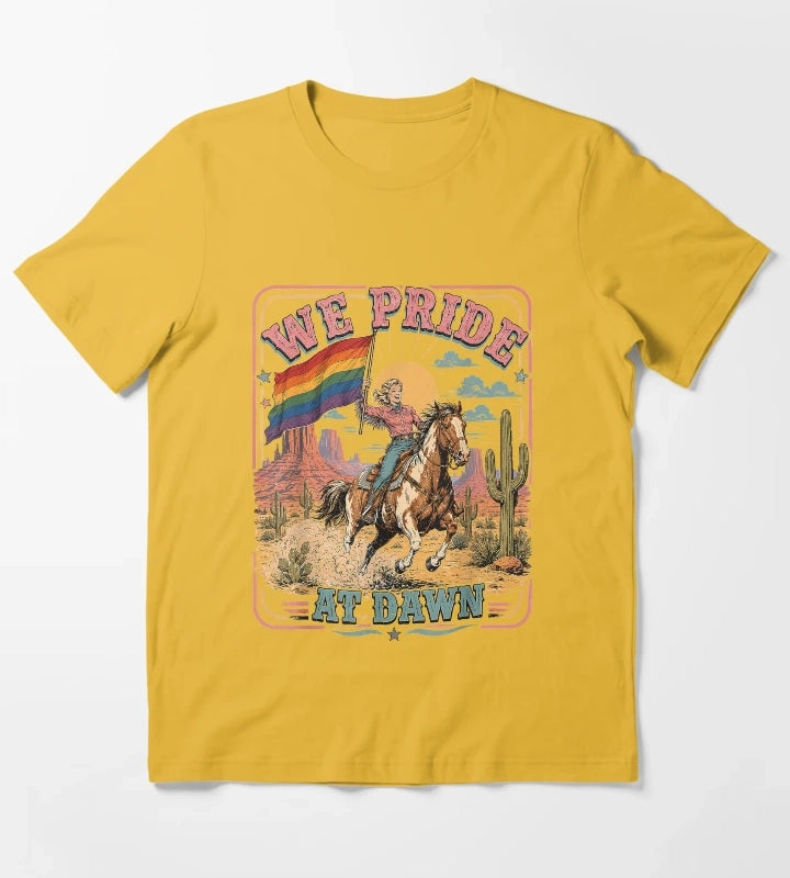 Vintage Rainbow We Pride At Dawn Western Cowgirl LGBTQ Retro T-Shirt Yellow