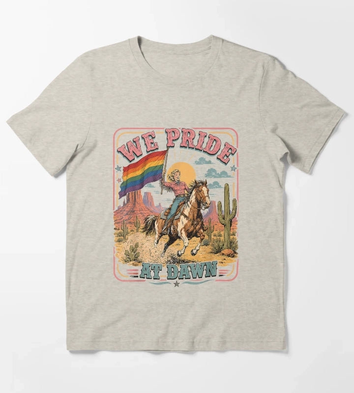 Vintage Rainbow We Pride At Dawn Western Cowgirl LGBTQ Retro T-Shirt Cream