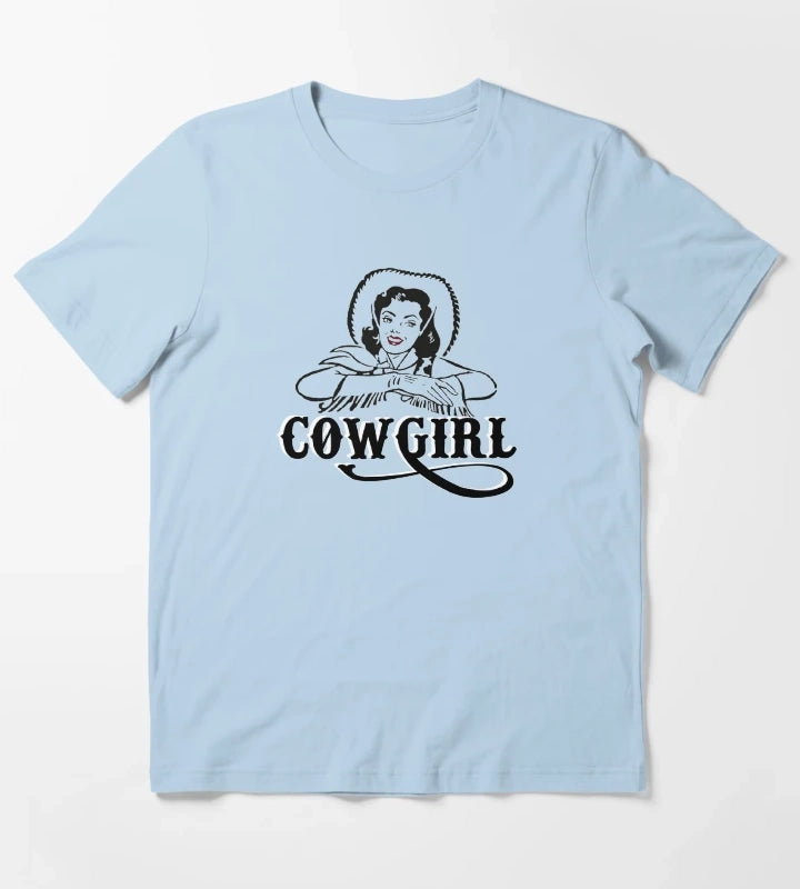 Vintage Rodeo Cowgirl Black And White T-Shirt Sky Blue