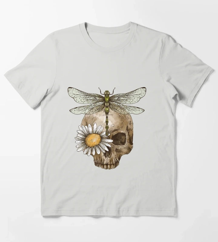 Vintage Skull Dragonfly T-Shirt Light Grey