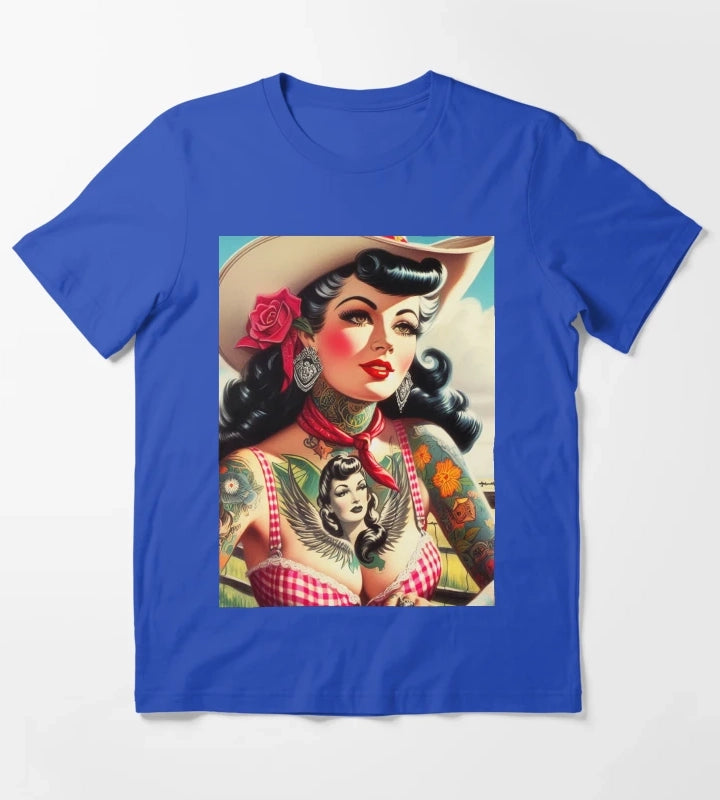 Vintage Tattooed Cowgirl T-Shirt Blue