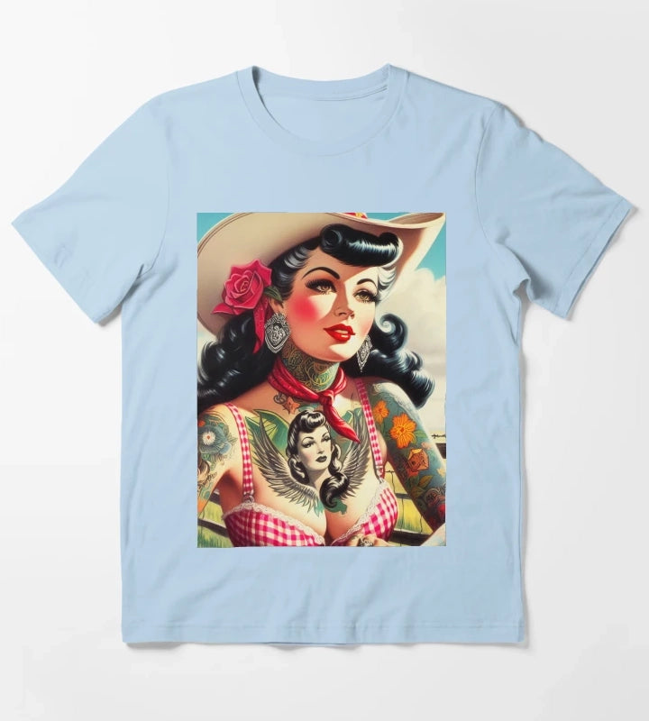 Vintage Tattooed Cowgirl T-Shirt Sky Blue