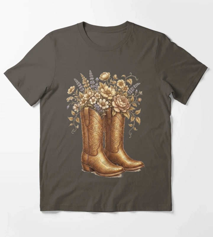 Vintage Victorian Western Cowboy Boots Floral Botanical Art T-Shirt Dark Grey