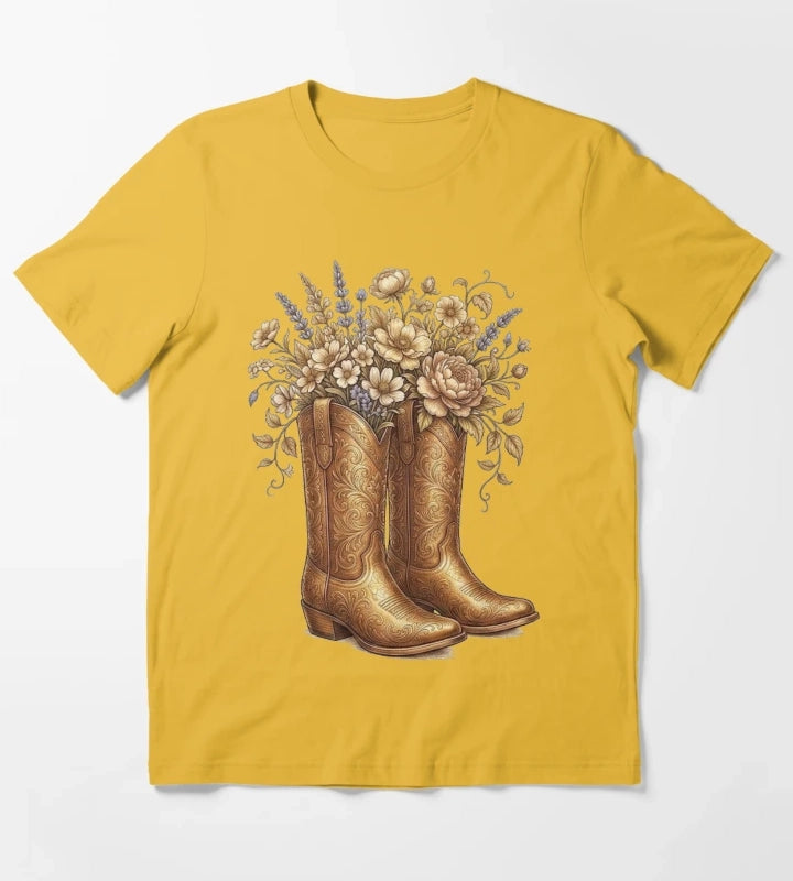 Vintage Victorian Western Cowboy Boots Floral Botanical Art T-Shirt Yellow
