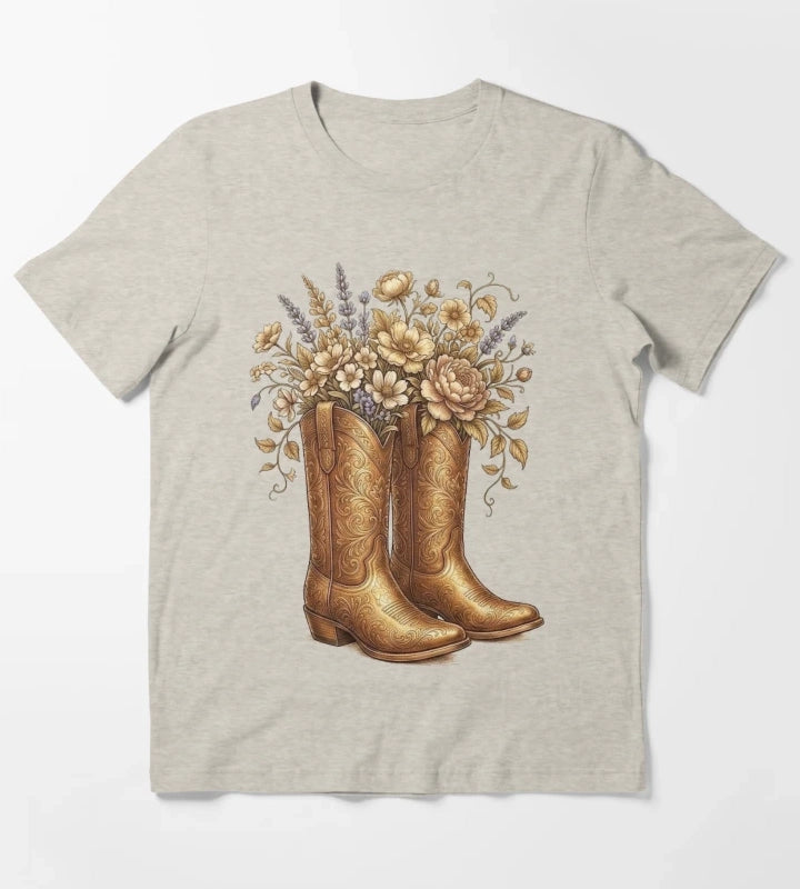 Vintage Victorian Western Cowboy Boots Floral Botanical Art T-Shirt Cream