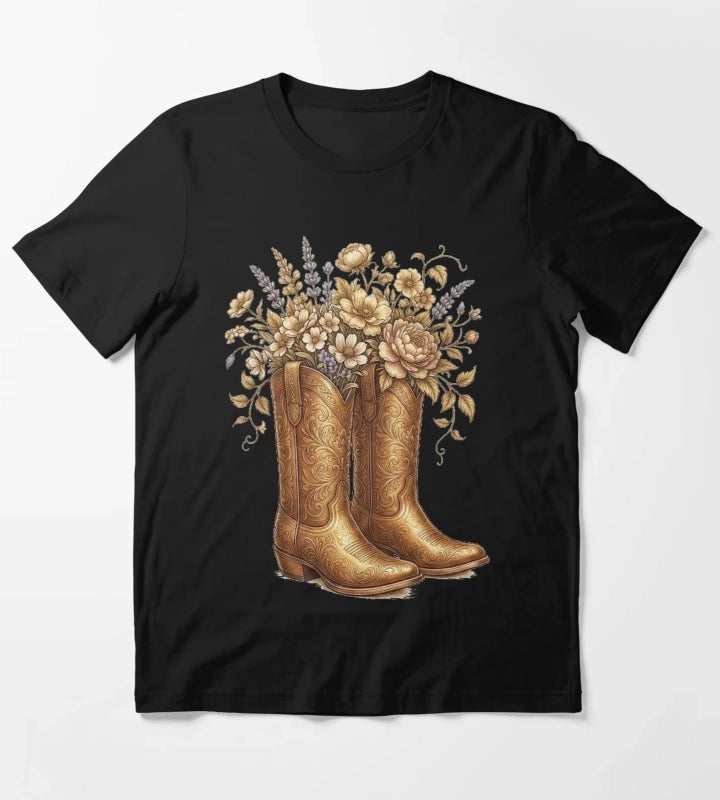 Vintage Victorian Western Cowboy Boots Floral Botanical Art T-Shirt