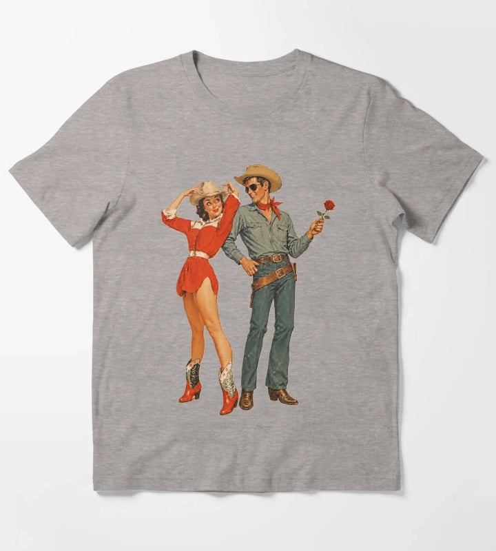 Vintage Western Romantic Cowboy Couple Sticker Cowgirl Cowboy with Rose Retro Valentine Design T-Shirt Heather Grey