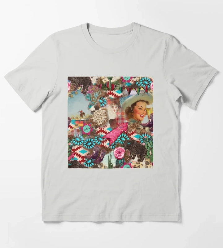 Vintage Western Theme Country Cowgirl Pinup Pattern T-Shirt Light Grey