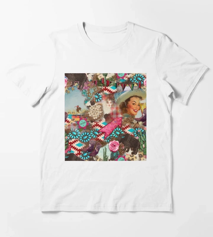 Vintage Western Theme Country Cowgirl Pinup Pattern T-Shirt White