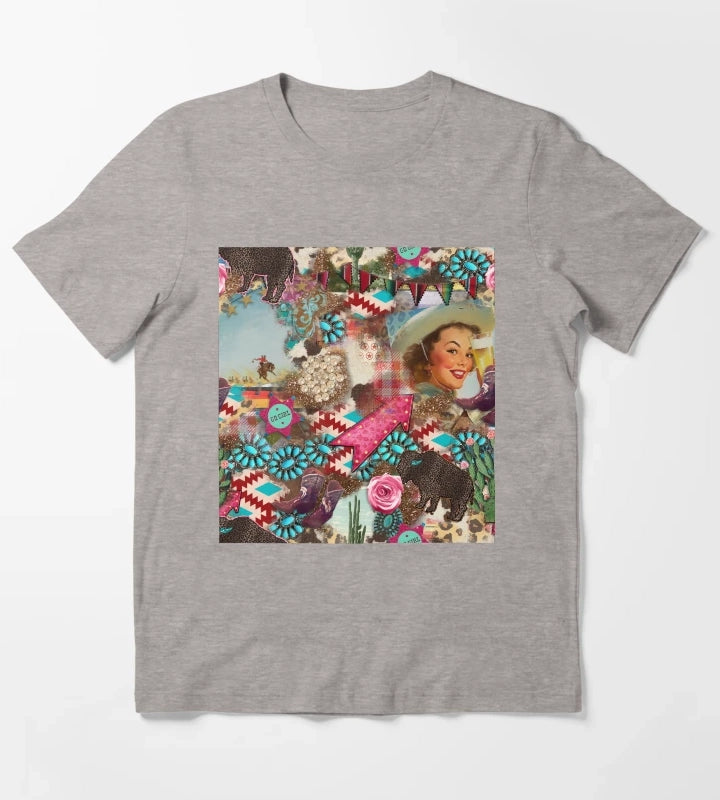 Vintage Western Theme Country Cowgirl Pinup Pattern T-Shirt Heather Grey