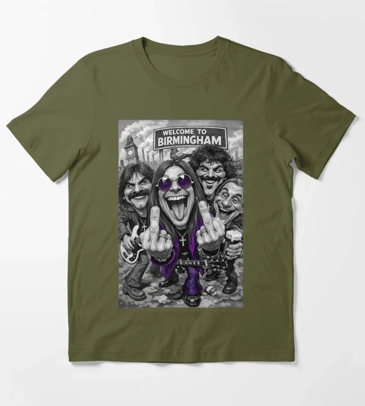 Welcome to BIRMINGHAM Heavy Metal band Caricature T-Shirt Olive Green
