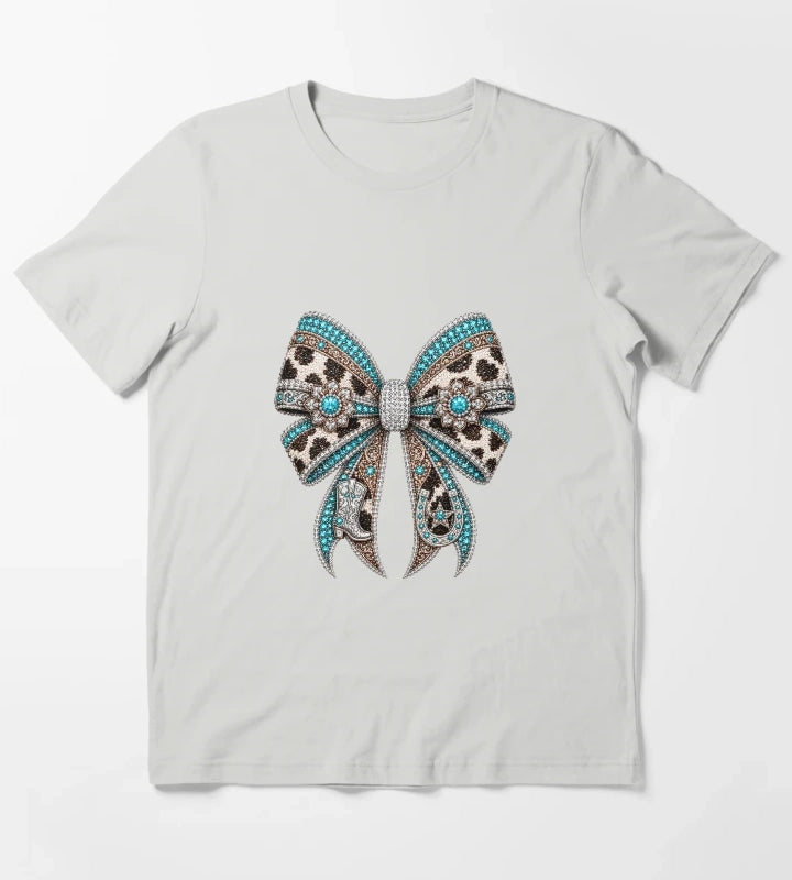 Western Cowgirl Bow Rhinestone Mosaic Turquoise Crystal Cowgirl Bow Country Western Gemstone Bow Design Luxury Rodeo Glam Graphic T-Shirt Light Grey