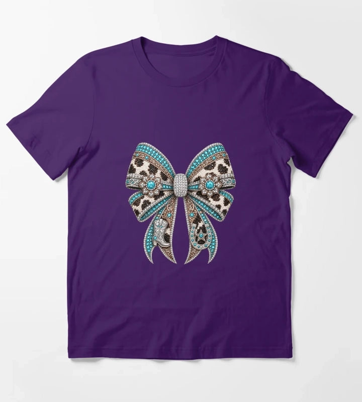 Western Cowgirl Bow Rhinestone Mosaic Turquoise Crystal Cowgirl Bow Country Western Gemstone Bow Design Luxury Rodeo Glam Graphic T-Shirt Purple