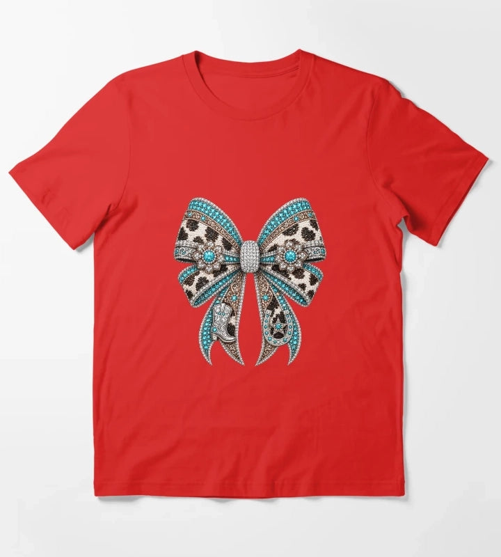 Western Cowgirl Bow Rhinestone Mosaic Turquoise Crystal Cowgirl Bow Country Western Gemstone Bow Design Luxury Rodeo Glam Graphic T-Shirt Red