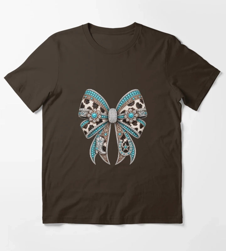 Western Cowgirl Bow Rhinestone Mosaic Turquoise Crystal Cowgirl Bow Country Western Gemstone Bow Design Luxury Rodeo Glam Graphic T-Shirt Brown