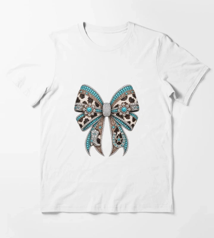 Western Cowgirl Bow Rhinestone Mosaic Turquoise Crystal Cowgirl Bow Country Western Gemstone Bow Design Luxury Rodeo Glam Graphic T-Shirt White