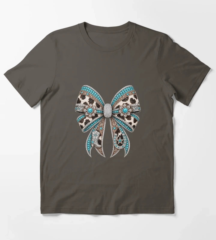 Western Cowgirl Bow Rhinestone Mosaic Turquoise Crystal Cowgirl Bow Country Western Gemstone Bow Design Luxury Rodeo Glam Graphic T-Shirt Dark Grey