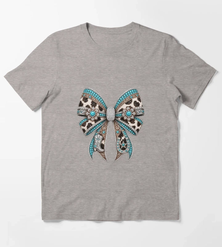 Western Cowgirl Bow Rhinestone Mosaic Turquoise Crystal Cowgirl Bow Country Western Gemstone Bow Design Luxury Rodeo Glam Graphic T-Shirt Heather Grey