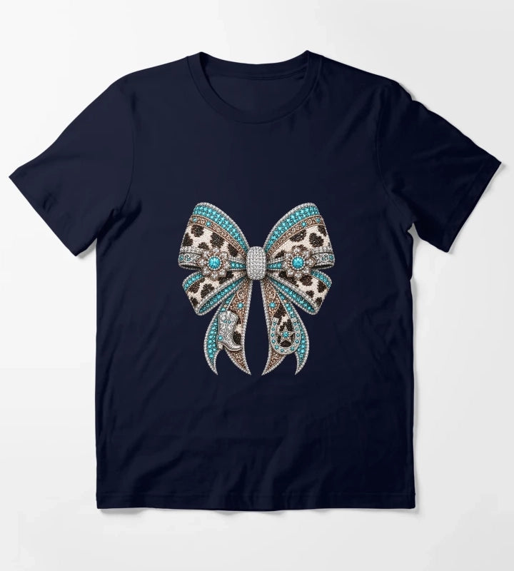 Western Cowgirl Bow Rhinestone Mosaic Turquoise Crystal Cowgirl Bow Country Western Gemstone Bow Design Luxury Rodeo Glam Graphic T-Shirt Navy