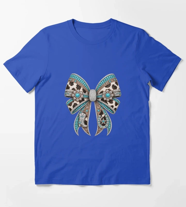 Western Cowgirl Bow Rhinestone Mosaic Turquoise Crystal Cowgirl Bow Country Western Gemstone Bow Design Luxury Rodeo Glam Graphic T-Shirt Blue