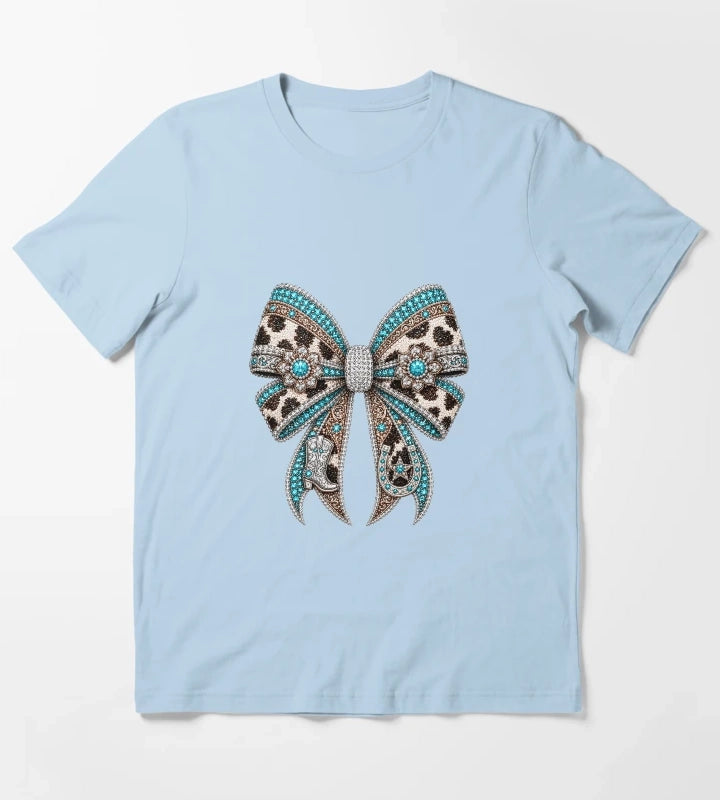 Western Cowgirl Bow Rhinestone Mosaic Turquoise Crystal Cowgirl Bow Country Western Gemstone Bow Design Luxury Rodeo Glam Graphic T-Shirt Sky Blue