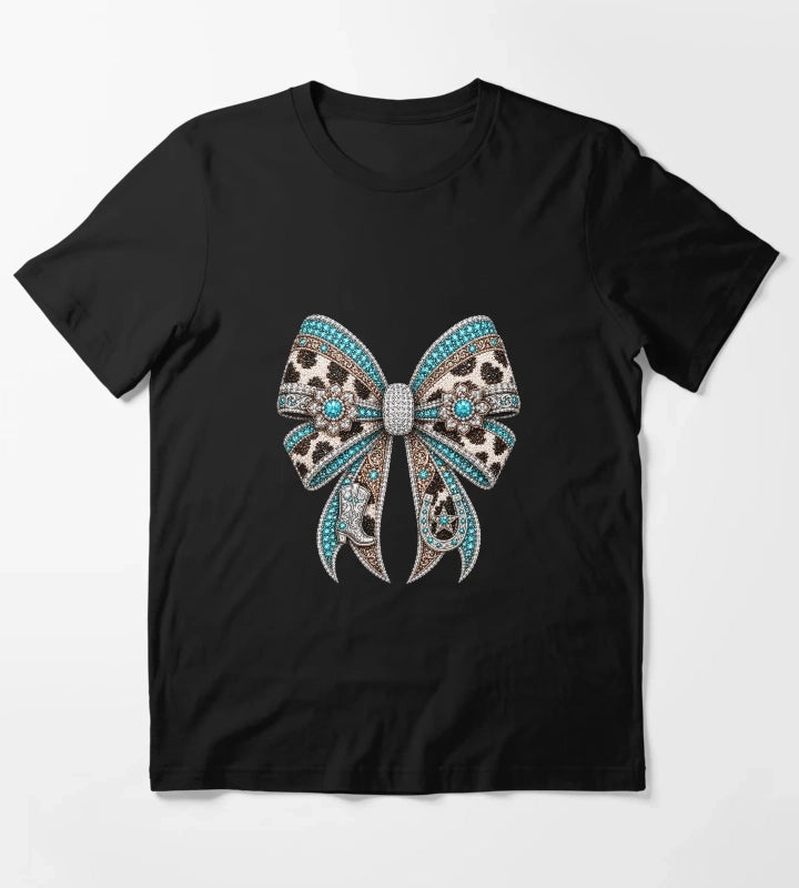 Western Cowgirl Bow Rhinestone Mosaic Turquoise Crystal Cowgirl Bow Country Western Gemstone Bow Design Luxury Rodeo Glam Graphic T-Shirt