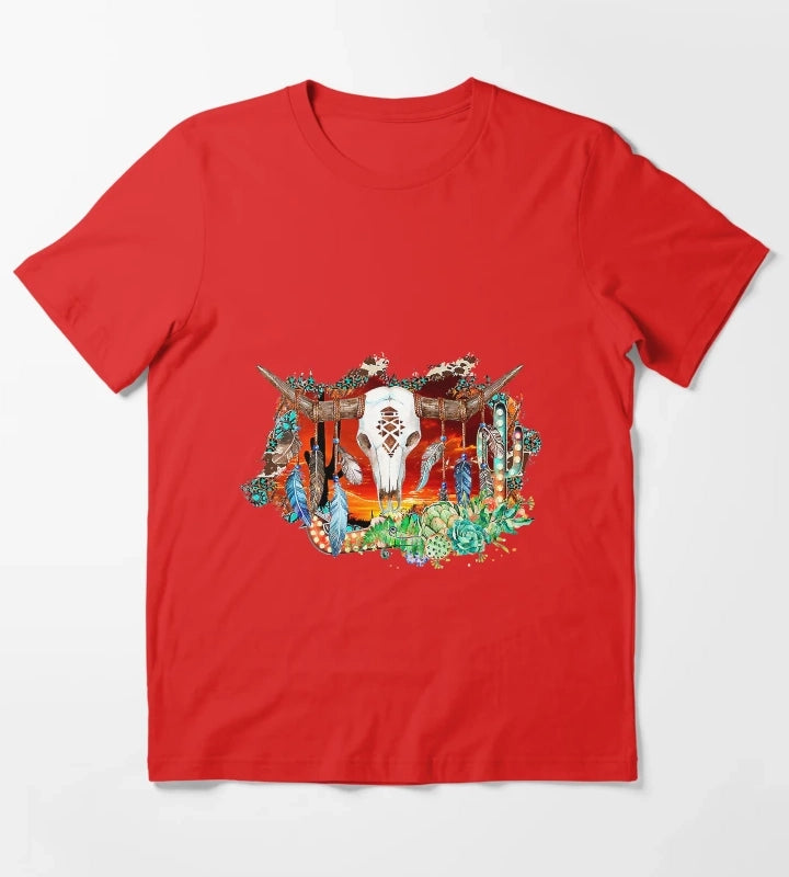 Western Cowgirl Cow Bull Skull Cactus T-Shirt Red