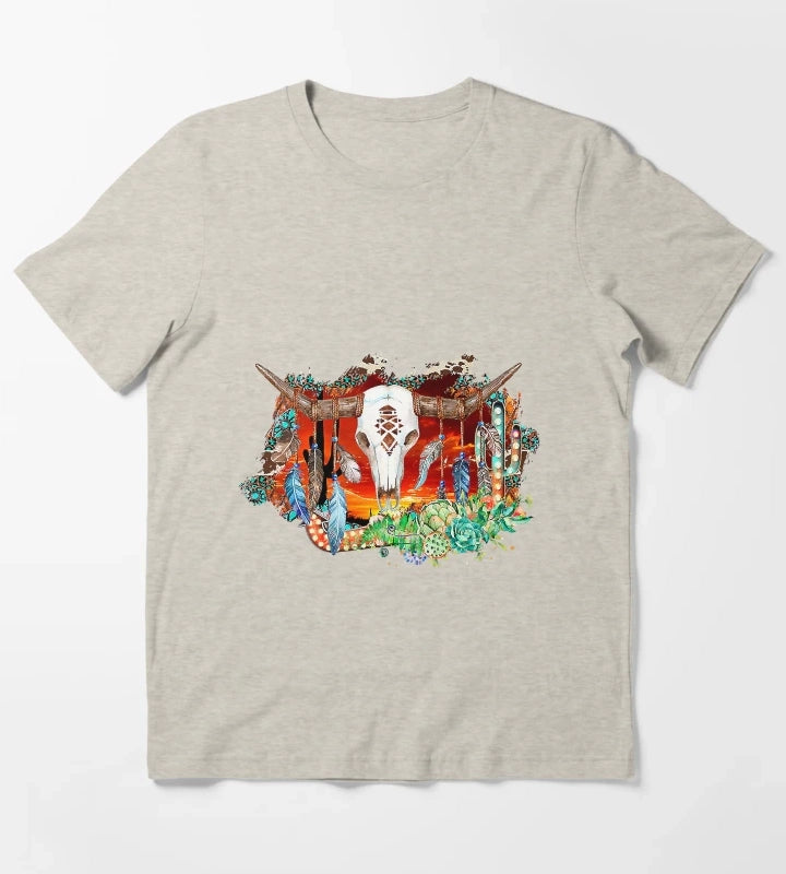 Western Cowgirl Cow Bull Skull Cactus T-Shirt Cream