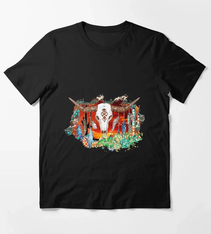 Western Cowgirl Cow Bull Skull Cactus T-Shirt