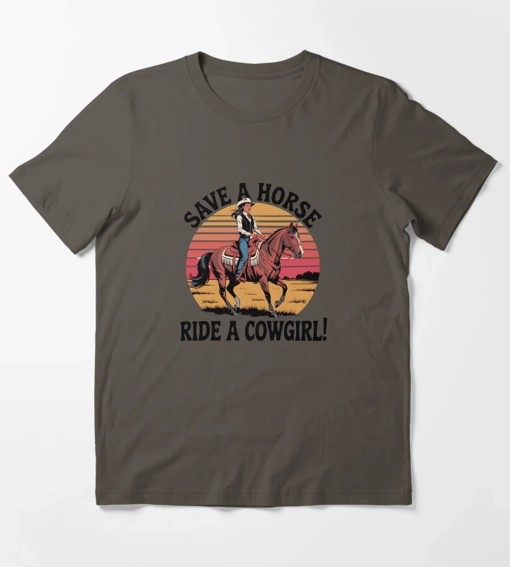 Western Cowgirl Humor Save a Horse Ride a Cowgirl Retro Gift T-Shirt Dark Grey