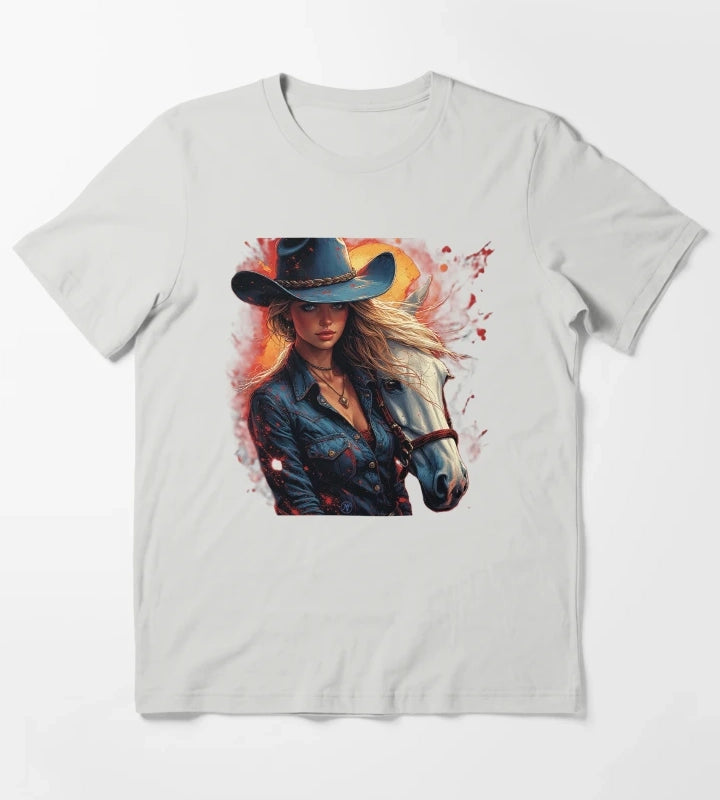 Western Cowgirl with White Horse Rustic Wild West Female Cowboy Art by NegarTv Designs T-Shirt Light Grey
