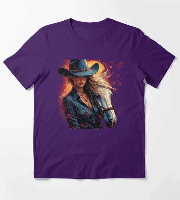 Western Cowgirl with White Horse Rustic Wild West Female Cowboy Art by NegarTv Designs T-Shirt Purple