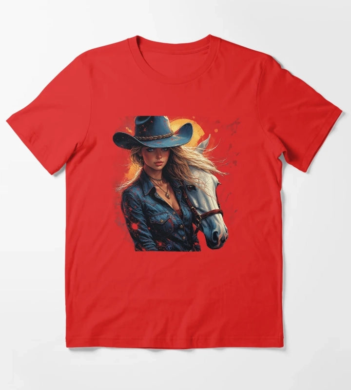 Western Cowgirl with White Horse Rustic Wild West Female Cowboy Art by NegarTv Designs T-Shirt Red