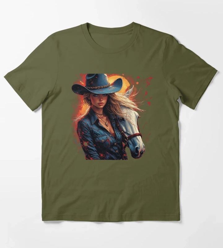 Western Cowgirl with White Horse Rustic Wild West Female Cowboy Art by NegarTv Designs T-Shirt Olive Green