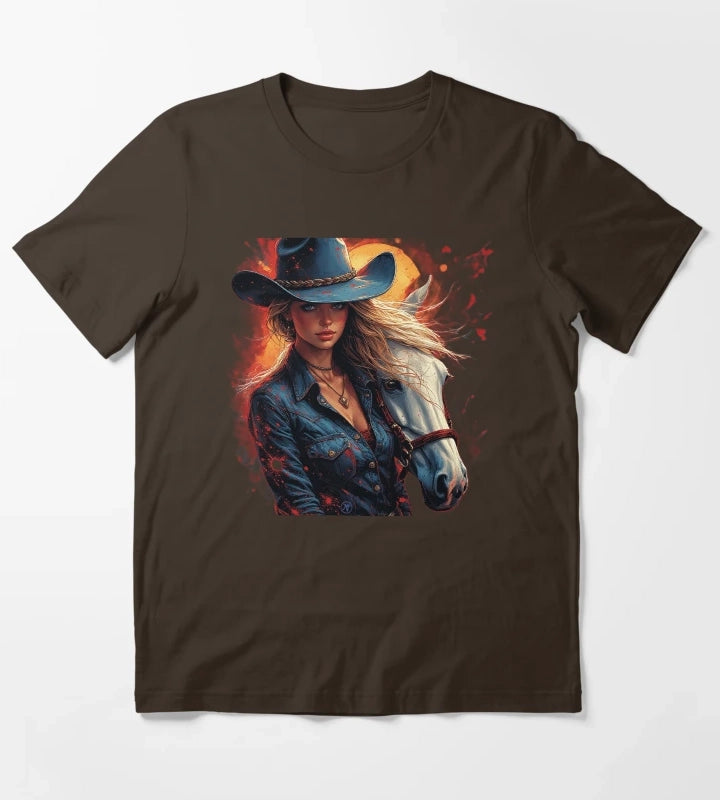 Western Cowgirl with White Horse Rustic Wild West Female Cowboy Art by NegarTv Designs T-Shirt Brown