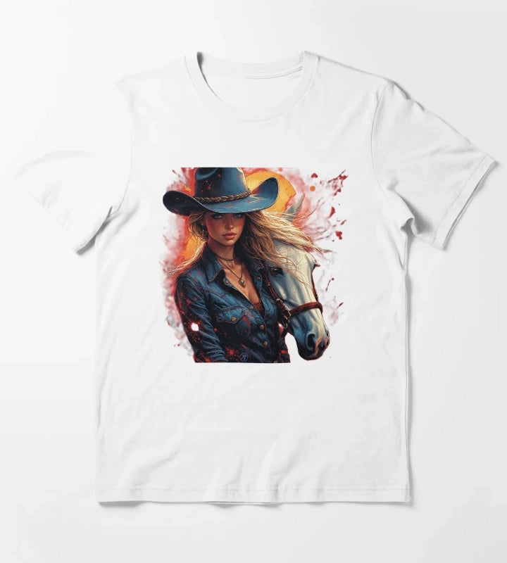 Western Cowgirl with White Horse Rustic Wild West Female Cowboy Art by NegarTv Designs T-Shirt White