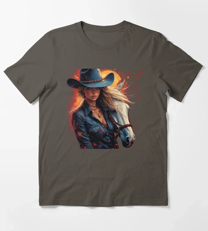Western Cowgirl with White Horse Rustic Wild West Female Cowboy Art by NegarTv Designs T-Shirt Dark Grey