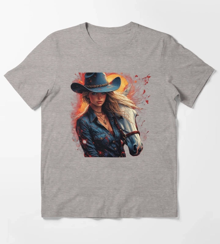 Western Cowgirl with White Horse Rustic Wild West Female Cowboy Art by NegarTv Designs T-Shirt Heather Grey